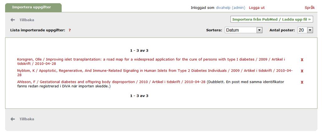 Fortsätt till steget Granska/Publicera och klicka på Skicka in för att publicera referensen i DiVA. Bifogade fulltexter granskas av en bibliotekarie innan de publiceras i DiVA.