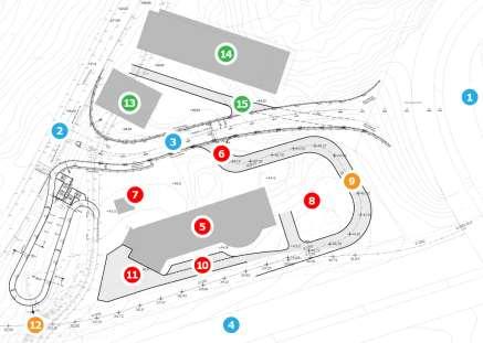 SIDA 2/17 Figur 2 Lokalisering av brandstationen, fördelningsstationen och FUTs serviceväg. 1. Trafikplats Skvaltan 2. Skönviksvägen 3. Förbindelsevägen 4. Värmdöleden 5. Brandstationen 6.