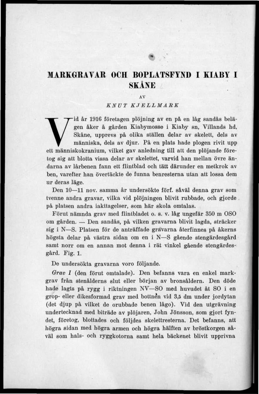 MARKGRAVAR OCH BOPLATSFYND I KIABY I SKÅNE AV KNUT KJELLMARK Vid år 1916 företagen plöjning av en på en låg sandås belägen åker å gården Kiabymosse i Kiaby sn, Villands hd, Skåne, upprevs på olika