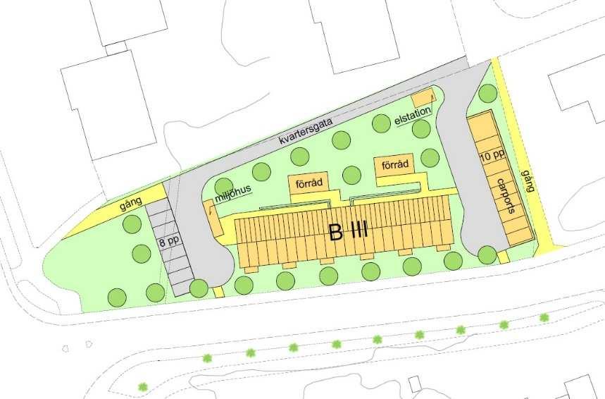 12(19) Situationsplan på föreslagen bebyggelse och parkeringslösning inom norra delen av planområdet (exempel på