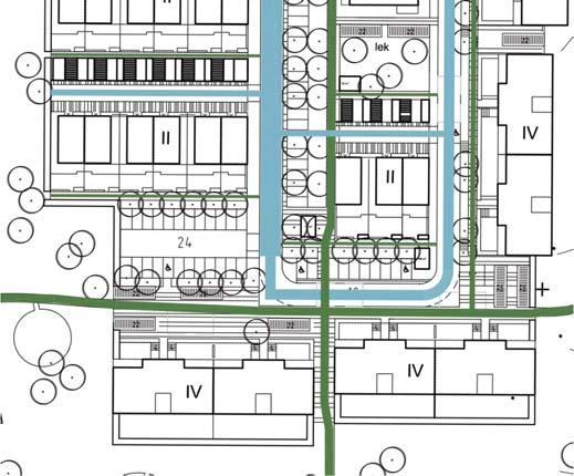 Parkeringen skiljs från gatan med en markstensyta som bildar lågpunkt för vattenavrinning.
