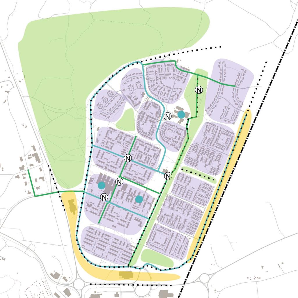 Östra Skogsrovägen utgör en tydlig avgränsning av stadsdelen och är ingen väg där oskyddade trafikanter uppehåller sig.