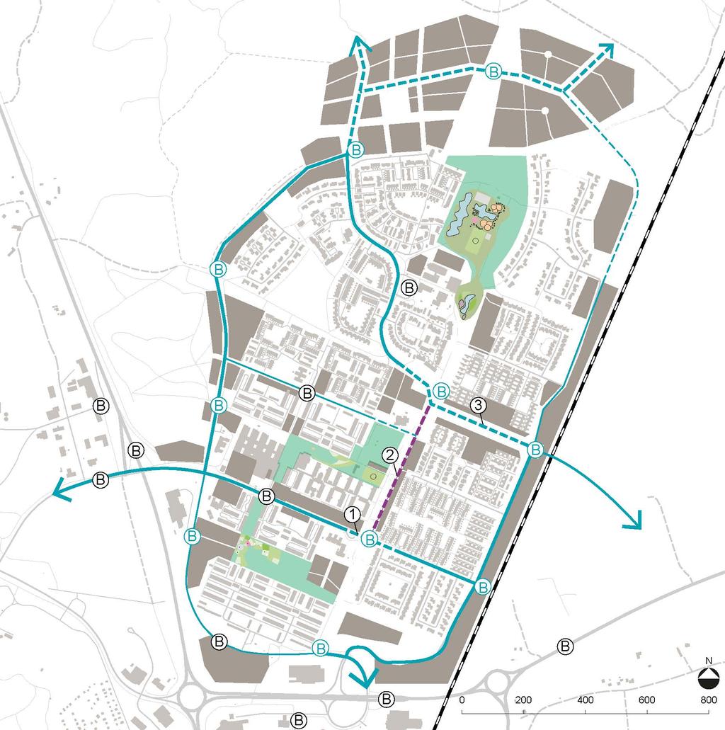 B. STRUKTUR OCH KOMMUNIKATION Strukturförändring och nya resmönster Planprogrammet föreslår en strukturförändring avseende bil- och kollektivtrafik samt gång- och cykeltrafik.