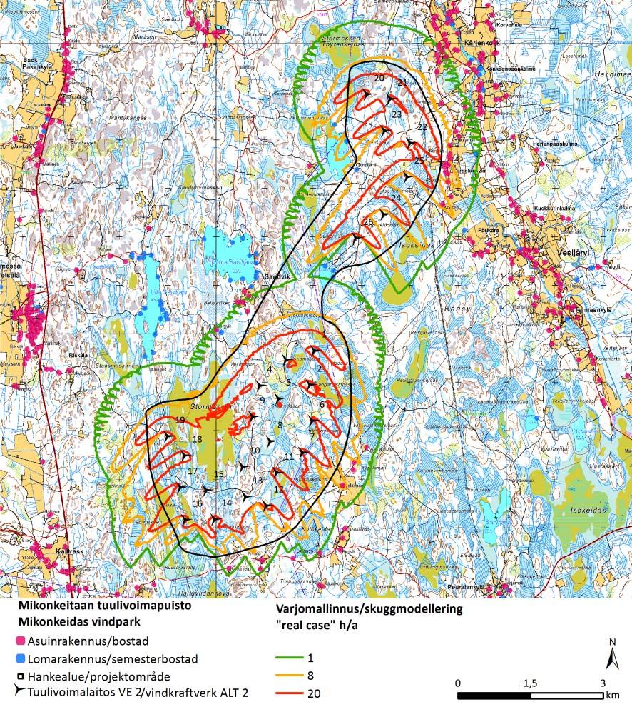 FCG DESIGN OCH PLANERING AB Mikonkeidas vindkraftspark 69 Bild 9.5. Skuggbildningsmodell i alternativ 2 