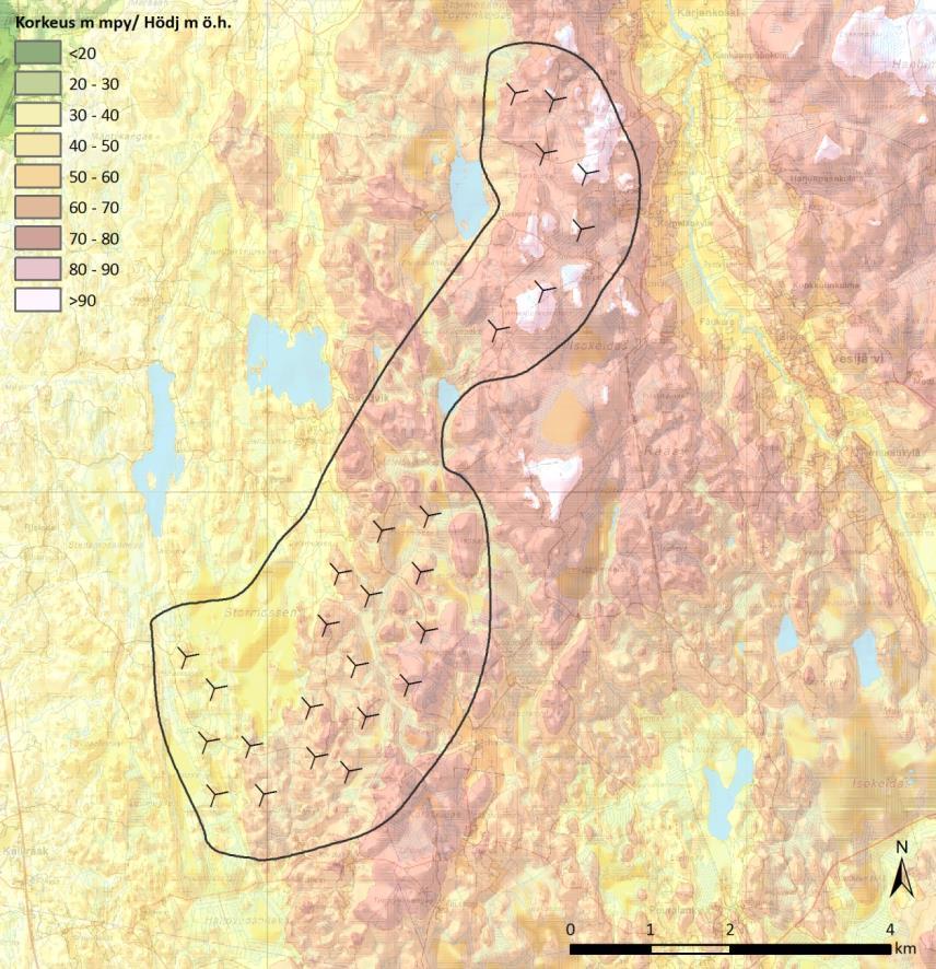 FCG DESIGN OCH PLANERING AB Mikonkeidas vindkraftspark 80 Bild 9.9. Projektområdets topografi (Lantmäteriverket 2013)