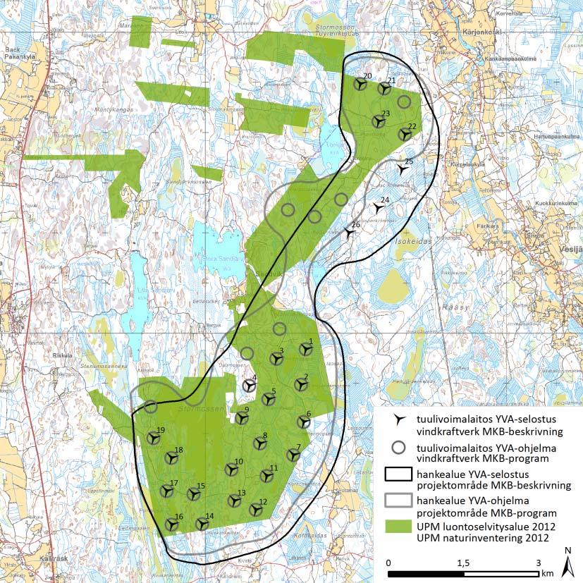 FCG DESIGN OCH PLANERING AB Mikonkeidas vindkraftspark 92 Bild 10.2. Området för de vegetationsutredningar som gjordes år 2012 i förhållande till projektområdena i MKB-programskedet och MKB-beskrivningsskedet.