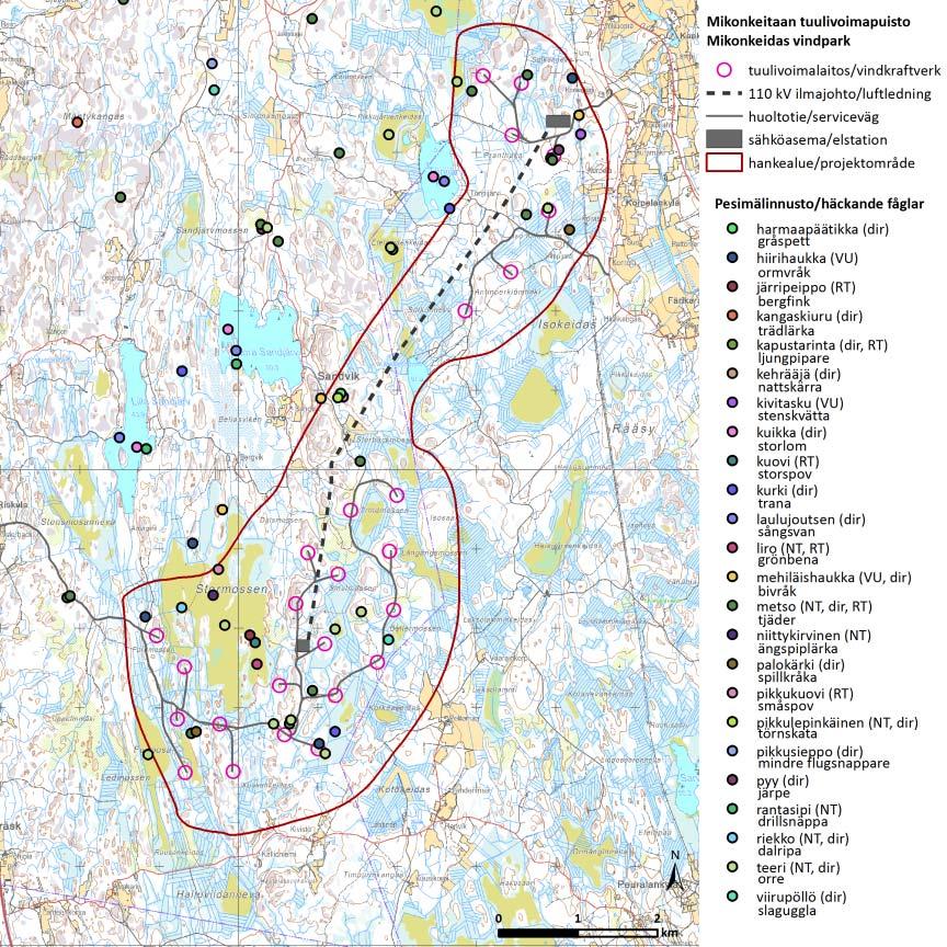 FCG DESIGN OCH PLANERING AB Mikonkeidas vindkraftspark 120 Bild 10.17. Skyddsvärda fågelarter som påträffades under inventeringen av det häckande fågelbeståndet på sommaren 2012 och 2013.