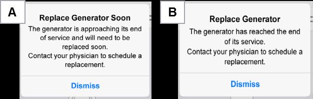BILAGA A: Meddelanden för indikering av utbyte Bilderna nedan visar aktuella skärmbilder på Ipod patientkontroll för indikering av elektivt utbyte (A) respektive livslängdsslut (B).