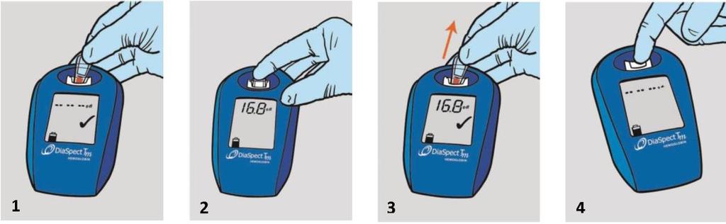 7.2. Mätning 1. Placera den fyllda kuvetten i kuvetthållaren och tryck nedåt tills du känner ett klick. 2. Hemoglobinvärdet visas sekundsnabbt. 3. Lyft upp kuvetten snabbt.