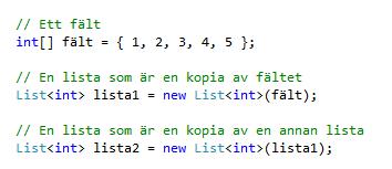 Listor I namnrymden System.Collection.Generic finns en mycket användbar standardklass med namnet List. List är en s.k. generisk klass (mer om detta senare).