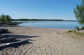 Längre söderut tilltar vassbältet och stranden blir stenig.