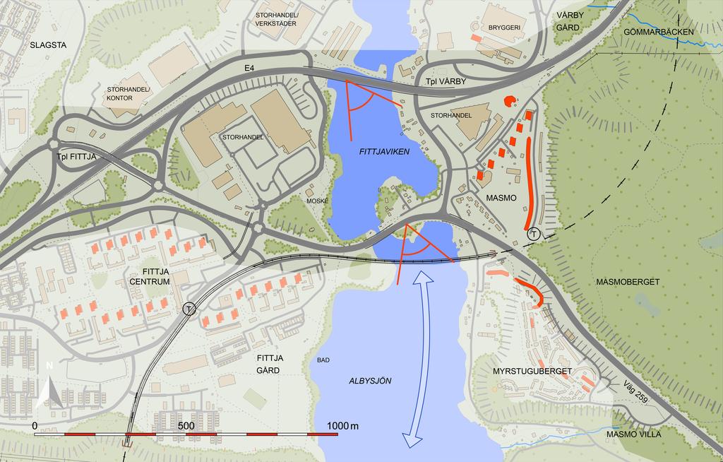 5.1 orra korridoren, E4/E20 - Västra Glömstadalen E4/E20 Vårby är entré till Stockholm från södra Sverige Befintliga miljöer starkt fragmenterade med många barriärer STOCKHOLM A Sid 15 Alby Figur 5.