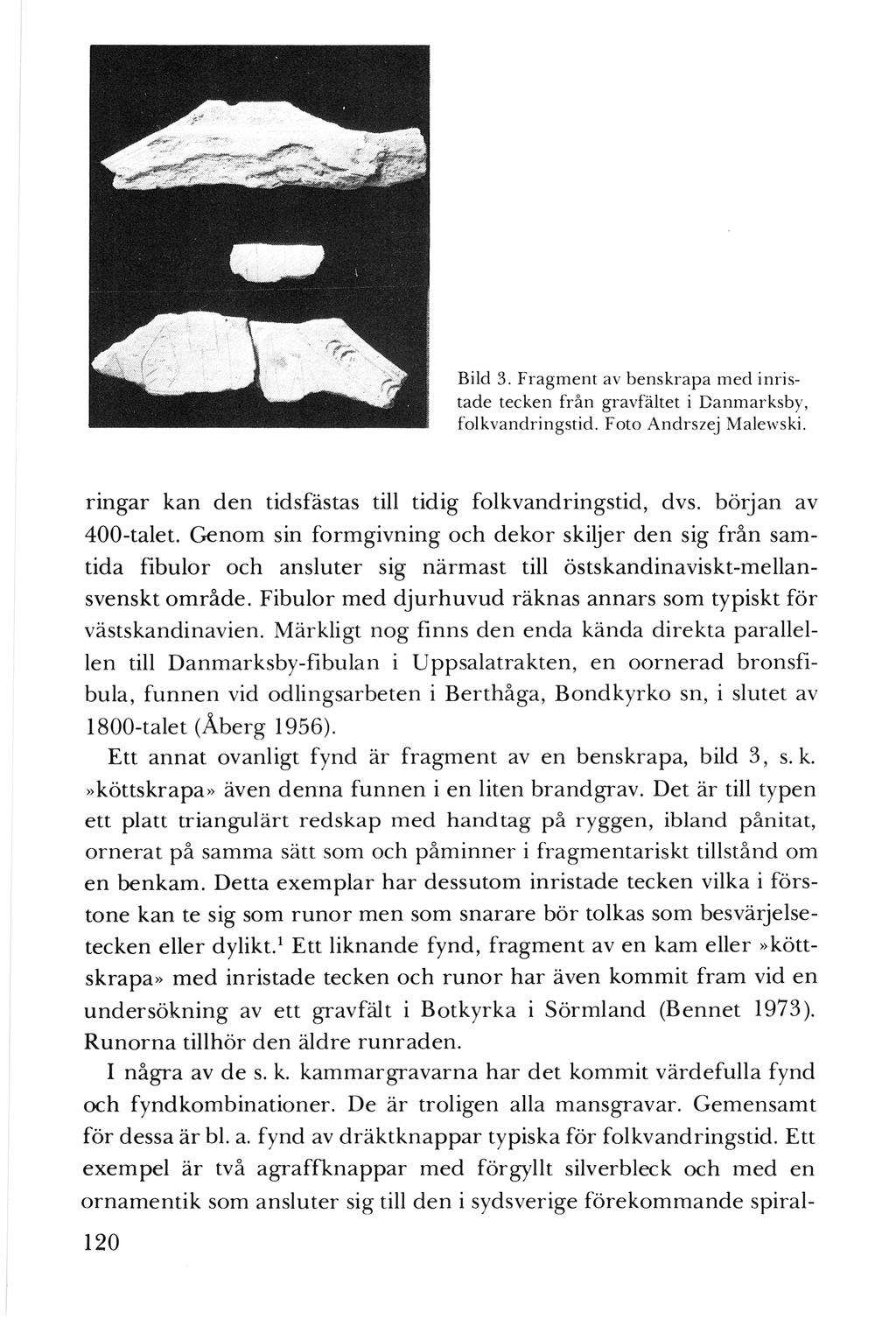 Bild 3. Fragment av benskrapa med inristade tecken från gravfältet i Danmarksby, folkvandringstid. Foto Andrszej Malewski. ringar kan den tidsfästas till tidig folkvandringstid, dvs.