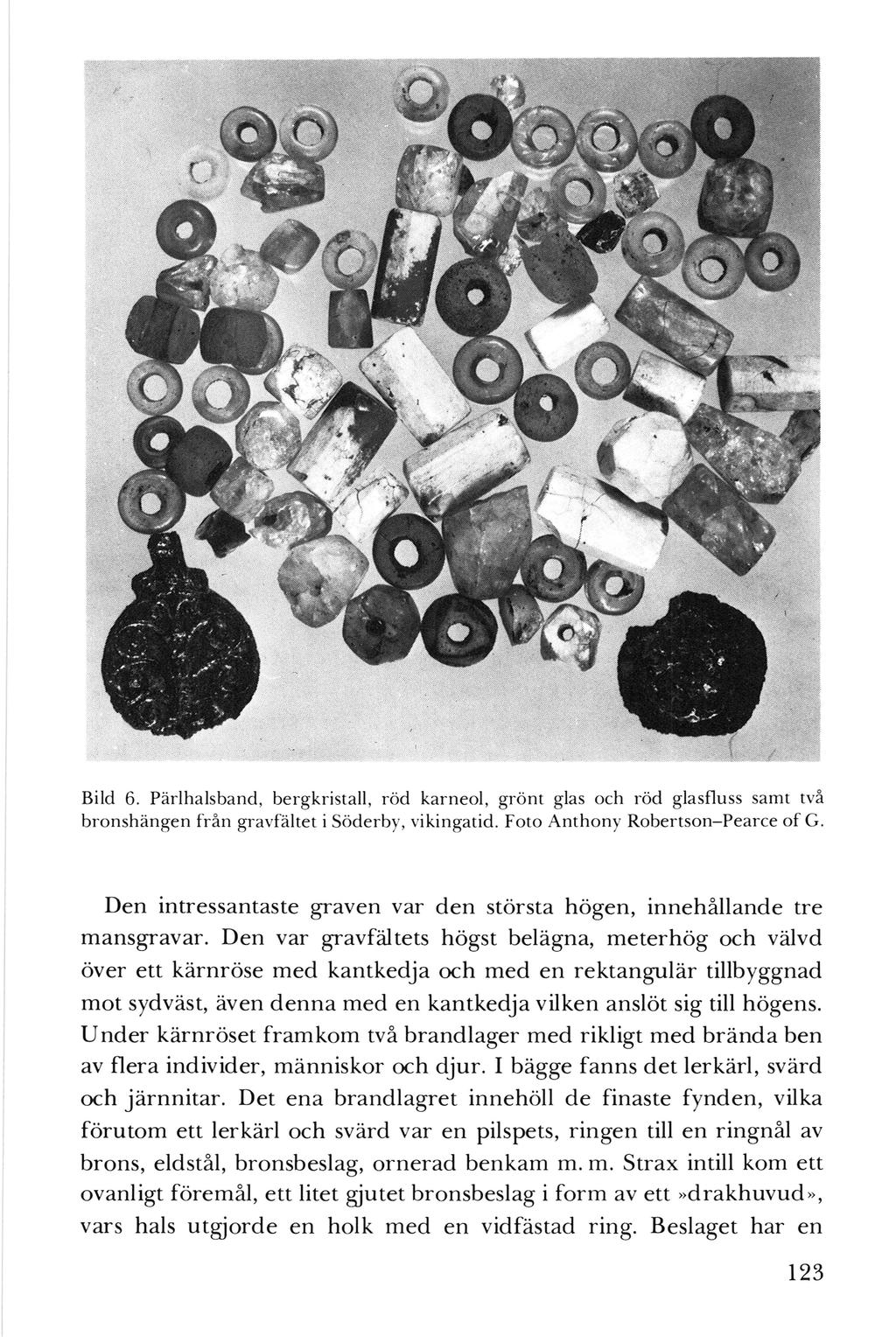 Bild 6. Pärlha lsband, bergkrista ll, röd karneol, grönt glas och röd glasfluss sa mt två bronshängen fr ån gravfälte t i Söderby, vikin gatid. Foto Anthon y Robertson-Pearce of G.