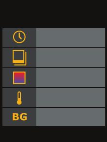 VT02 Användarhandbok Menyfunktioner Öppna skärmmenyn genom att trycka på E. Menyn har val för minne, emissivitet, bakgrundstemperatur, temperaturmarkörer, datum och tid.
