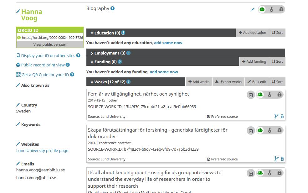 4. LUCRIS kopplad till ORCID Grattis till att du kopplat LUCRIS till ORCID. Vad innebär det rent konkret? 1. I din ORCID profil (https://orcid.org/signin) finns nu insynkad information från LUCRIS.