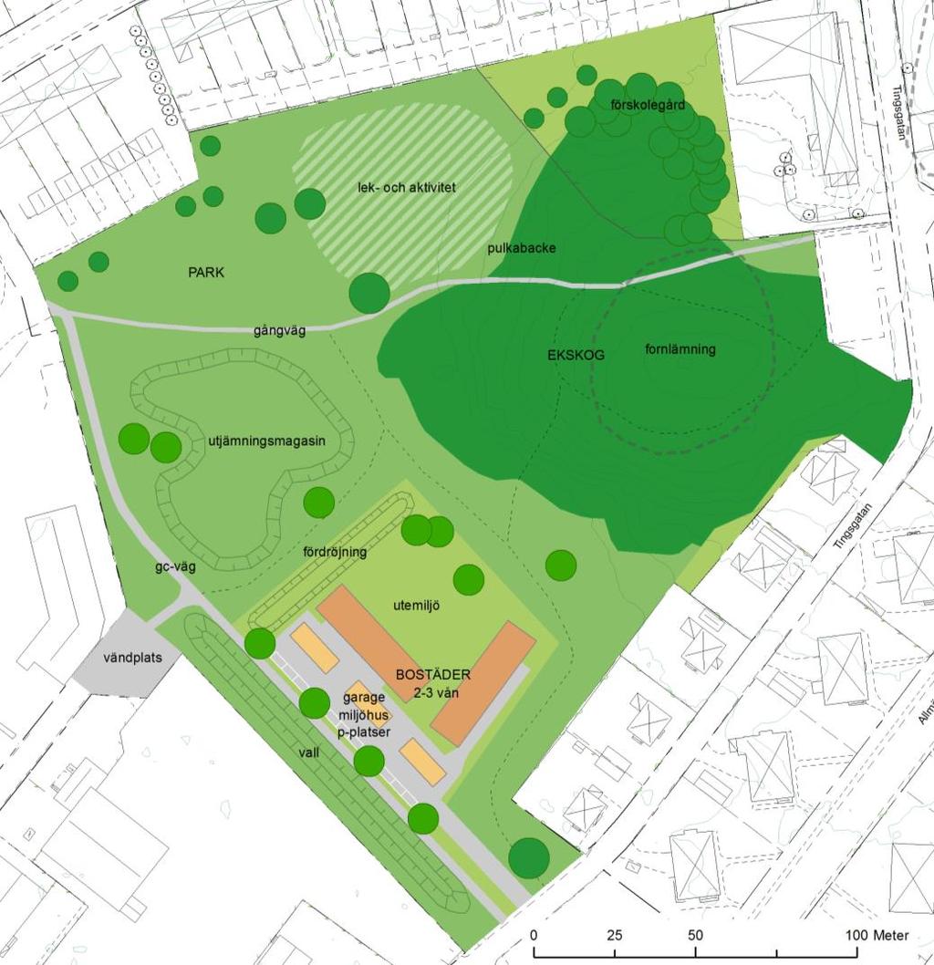 PLANFÖRSLAG Illustration över möjlig utformning av planområdet BEBYGGELSEOMRÅDEN Bostäder Nya bostäder Del av den gräsbelagda parkmarken, ca 5920 m 2, föreslås övergå till kvartersmark för