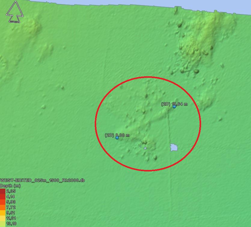 kunna utgöras av nedbrutna fartygslämningar. ID1 Indikationen är en cirka 20 meter avlång, böjd formation, som möjligen kan vara en fartygslämning/ballaststen (figur 3).