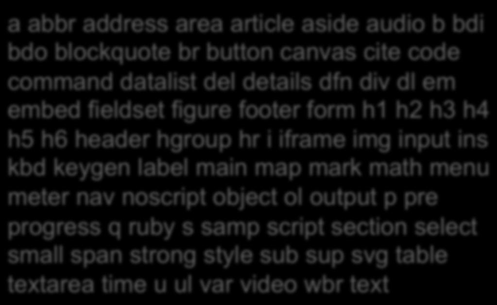 HTML5 Metadata content Flow content Sectioning content Heading content Phrasing content Embedded content Interactive content De flesta element som vi återfinner i bodytaggen.