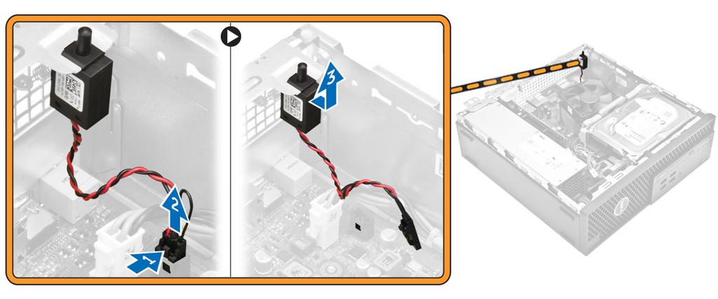 Installera intrångsbrytaren 1. Sätt in intrångsbrytaren i facket på chassit. 2. Anslut intrångsbrytarens kabel till moderkortet. 3.