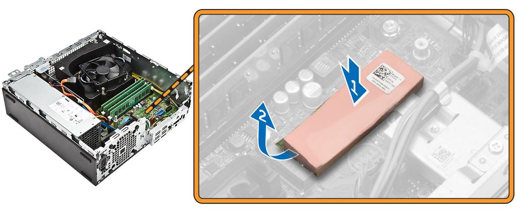 5. Installera SSD-kortet så här: a. Anslut SSD-kortets kabel till kontakten på moderkortet [1]. b.