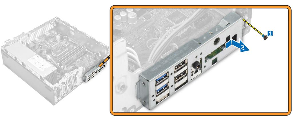 Ta bort I/O-panelen (indata/utdata) 1. Följ proceduren i Innan du arbetar inuti datorn. 2. Ta bort: a. kåpan b. frontramen 3. Ta bort I/O-panelen så här: a.