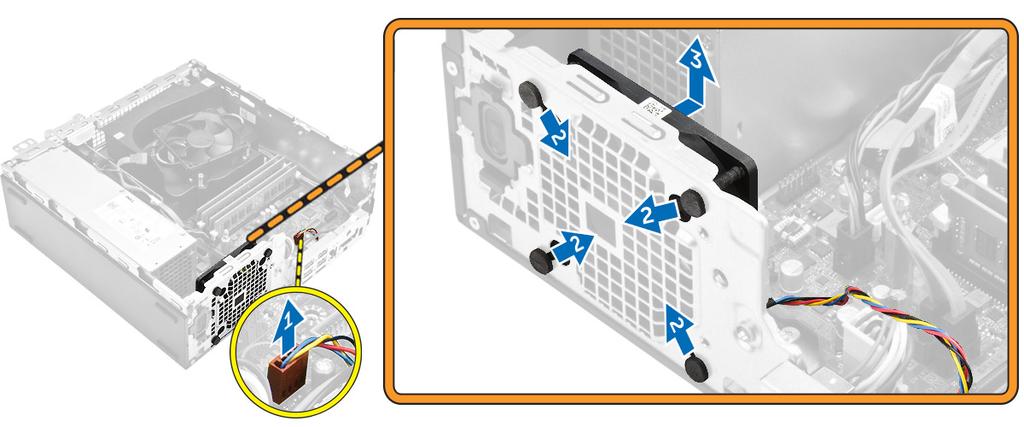 Installera systemfläkten 1. Placera systemfläkten i datorn. 2. Skjut in fästhuvudena genom chassit och skjut dem utåt längs spåret så att den hålls på plats. 3.