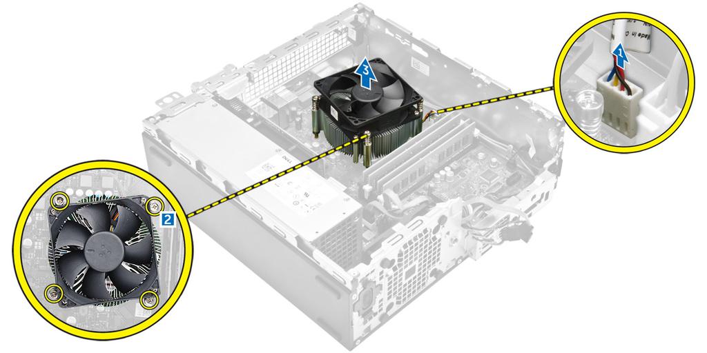 Installera kylflänsmonteringen 1. Placera kylflänsmonteringen på processorn. 2. Dra åt fästskruvarna som håller fast kylflänsmonteringen i moderkortet. 3. Anslut kylflänsens kabel till moderkortet. 4.