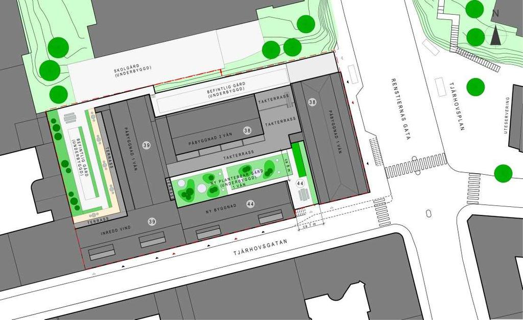 Sida 13 (29) Bebyggelse Situationsplan visar föreslagna förändringar. Den nya upplyfta gården som bildas på Sandbacken Mindre s:44 med planteringar och uteplatser har markerats med grönt.