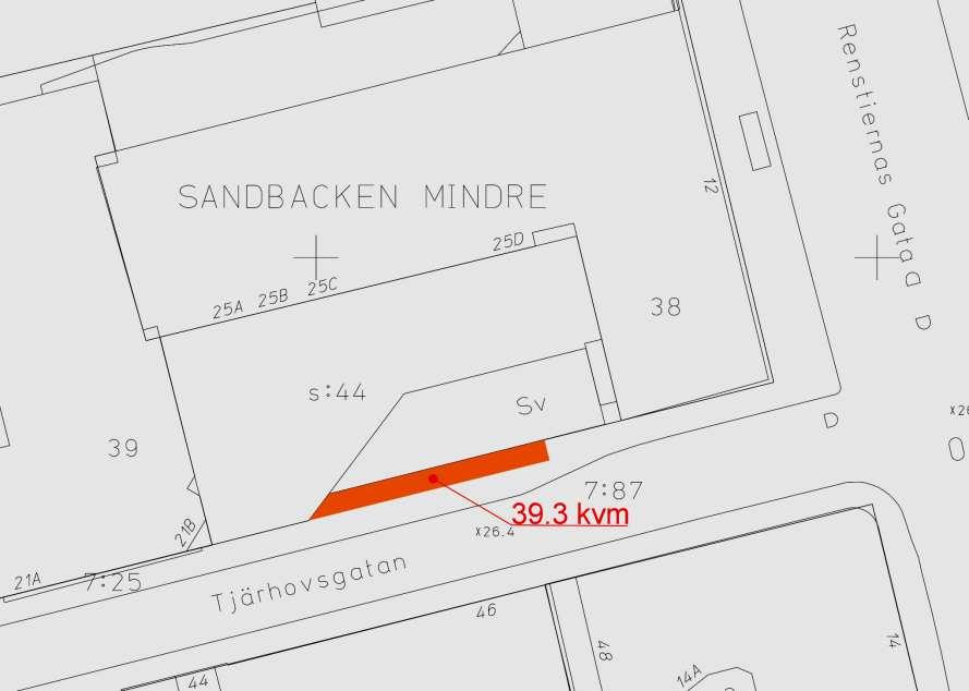 Sida 26 (27) Sandbacken Mindre s:44 är fördelad på Sandbacken Mindre 38 och 39. Användning av mark Detaljplanen omfattar endast kvartersmark. Kvartersmarken betecknas med B, K, C1och C2.