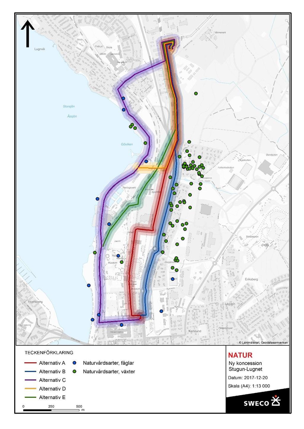 Bilaga 1 Karta över de fem alternativa sträckningarna (färgade linjer) för markkabel mellan Lugnvik och Östersund.