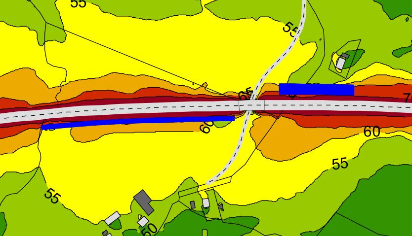 7.8 Kråkerum För att sänka ljudnivån för fastigheterna söder om vägen föreslås en 1 m hög och ca 2 m lång vall, se Figur 10 nedan. Ljudnivån vid fasad beräknas då till dba på den första våningen.