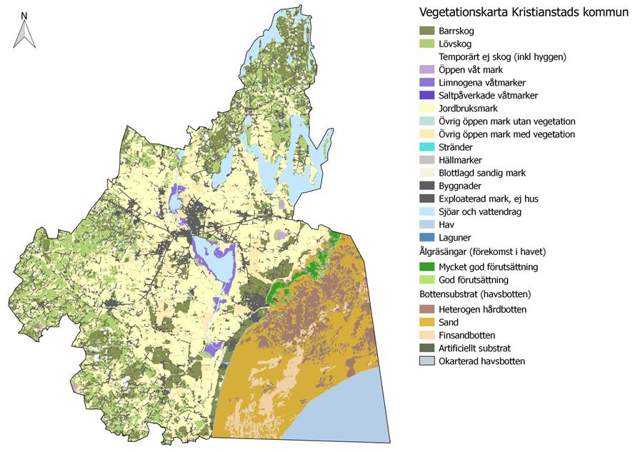 Karta 1. Vegetationskartan visar de huvudsakliga vegetationstyperna på land och i havet.