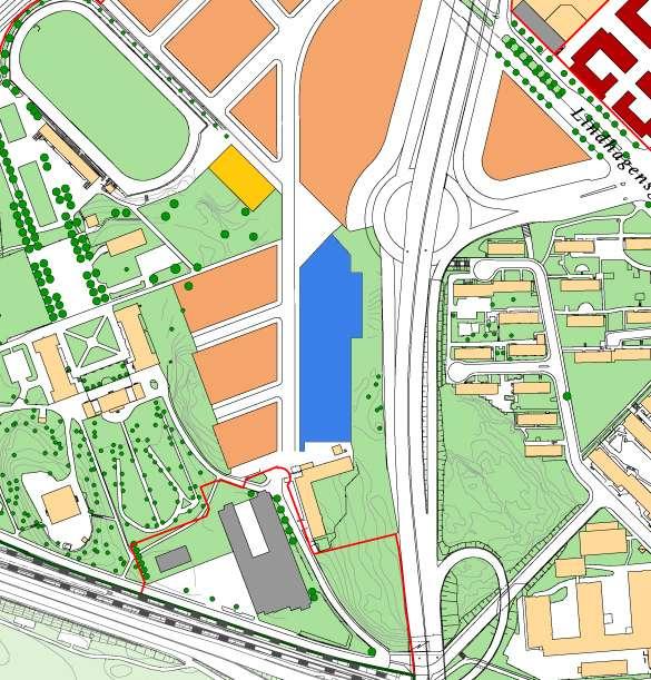 Stadsbyggnadskontorets skiss över området Den blå markeringen visar förslag på placering av idrottshallar Området idag Idag upptas området till stora delar av trafikplatsens på- och avfartsramper,