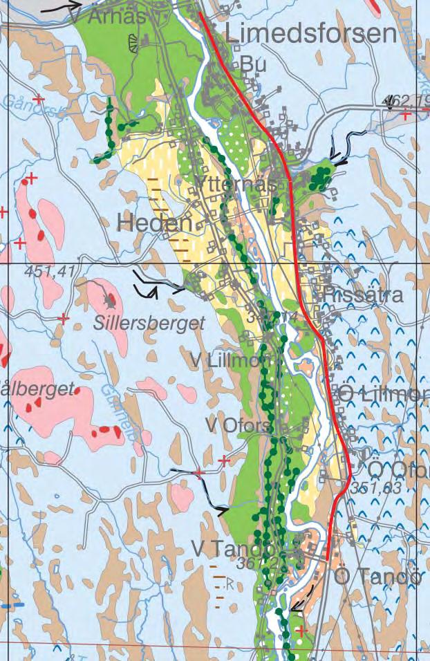 Figur 5.24 Jordartskarta. Befintlig väg 66 är markerad med röd linje. Sveriges geologiska undersökning.