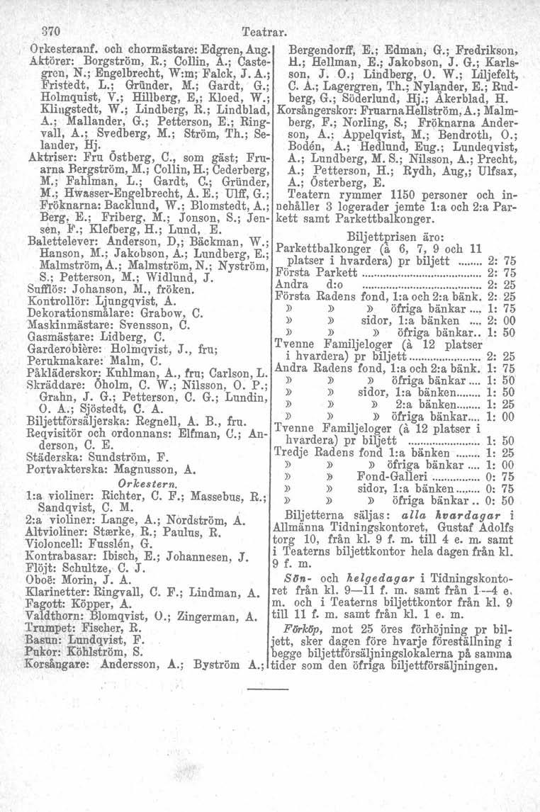 370 Teatrar. Orkesteranf. och chormästare: Edgren, Aug. Bergendorff, E.; Edman, G.; Fredrikson, Aktörer: Bergström, R.; ColJin, A.; Caste- H.; Hellman. E.; Jakobson. J. G.; Karlsgren, N.