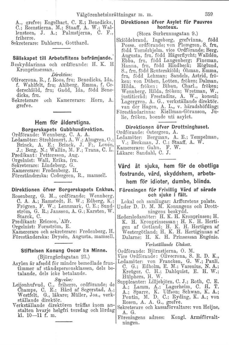 Välgörenhetsinrättningar m. m. 359 A., grefve; Engelhart, C. E.; Benedicks, Direktionen öfver Asylet för Pauvres c.. Reenstierna, 111.; Staaff.A. W.; Wal- honteux. l~~steen, J. A.; Palmstjerna, C. F.