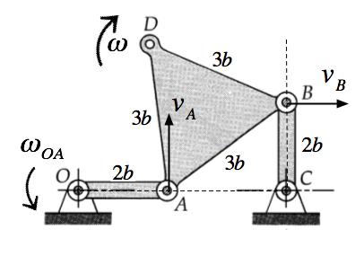 1) Problemlösningar Bestäm vinkelhastigheten för armen. Lösning: a) I figur anges hastighetsriktningar för A och B på triangelskivan. Konstruktionslinjer för tänkbara lägen av momentancentrum skissas.
