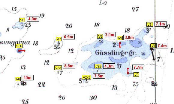 Figur 1. Dykstationer; stationerna V2, V3 och V26 märkta med rött användes vid dykningarna2005 och 2013.