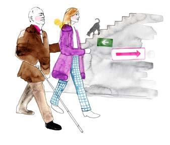 Enkelt att ledsaga Att vid förflyttningar hålla i den seendes armbåge eller överarm kan underlätta mycket för en person med synnedsättning.