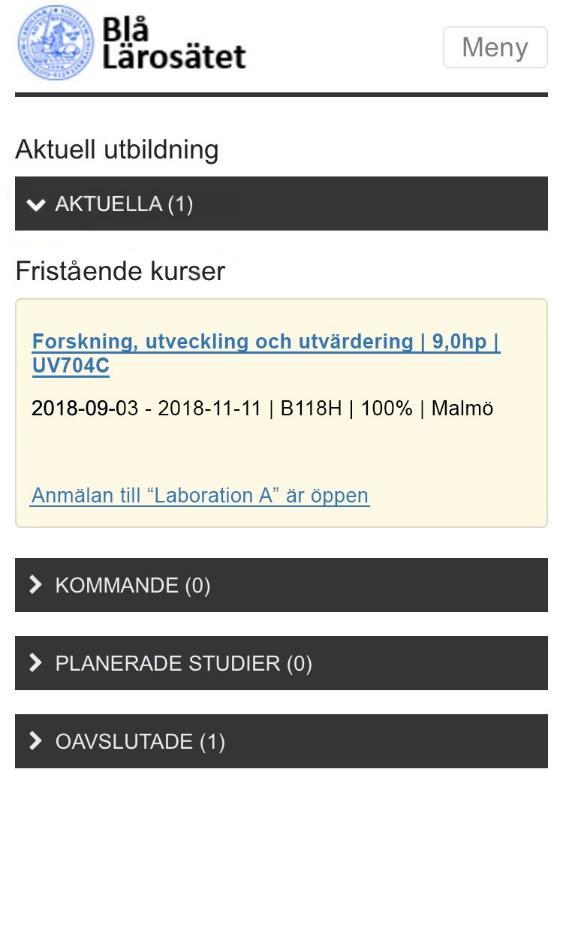 startsidan. Om dagens datum är inom anmälningsperioden på aktivitetstillfället finns en direktlänk till anmälan på studentens startsida.