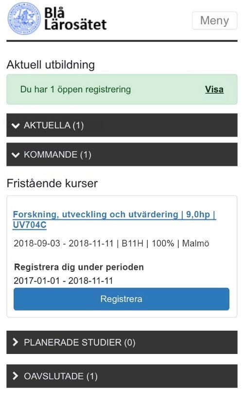Registreringsknappen blir aktiv när dagens datum befinner sig inom registreringsperioden i de fall registreringsperiod är angiven för tillfället.
