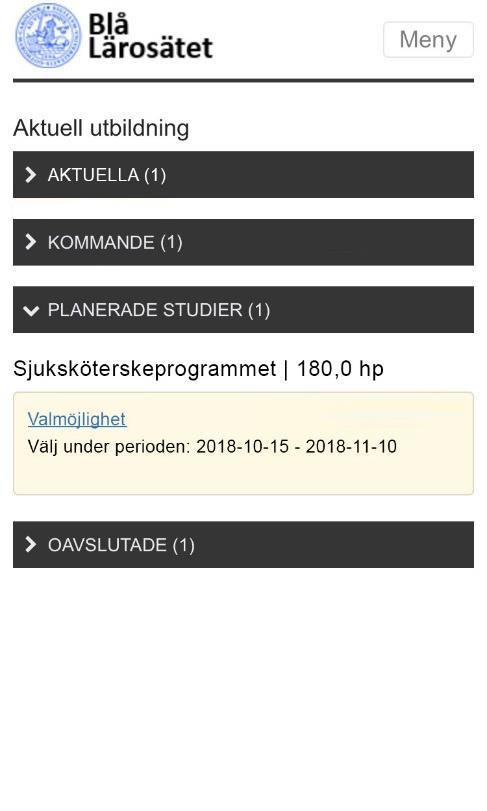 Däremot är Välj-knappen aktiv eller inaktiv beroende på studentens val. B. Anmälan: Studenten kan anmäla sig till en kurs för att få ett förväntat deltagande.