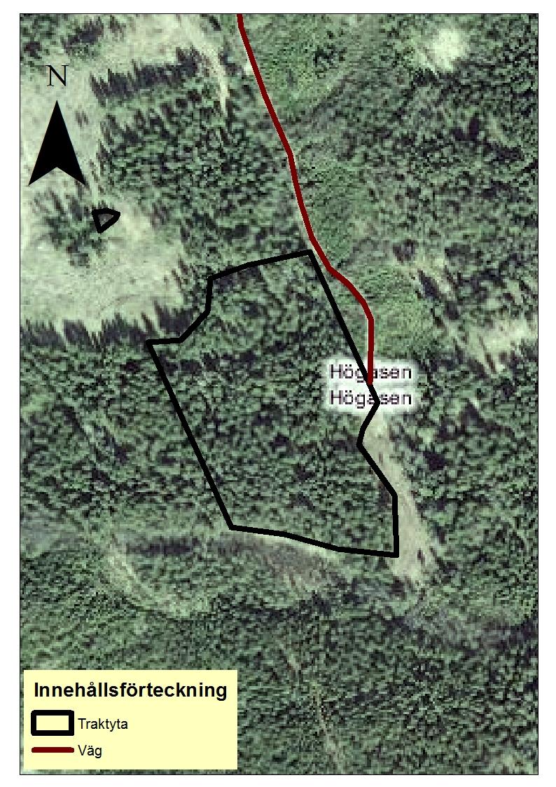 Figur 1. Trakt 1 med utritad väg och traktyta. Trakt 2 Trakten finns belägen i Västergötland i närheten av Lilla Edet.