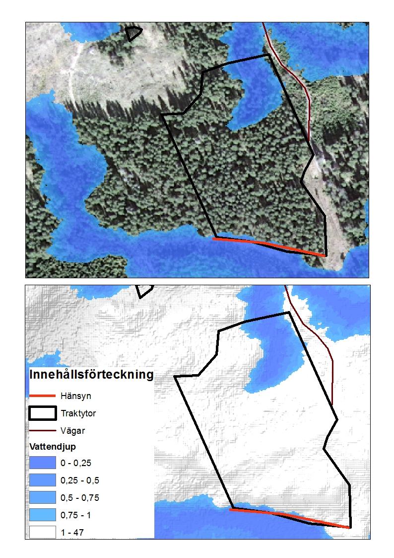 Efter framtagandet av DTW-indexet och tilläggande av hänsynsyta från planeraren blev utseendet på kartorna så som Figur 6 