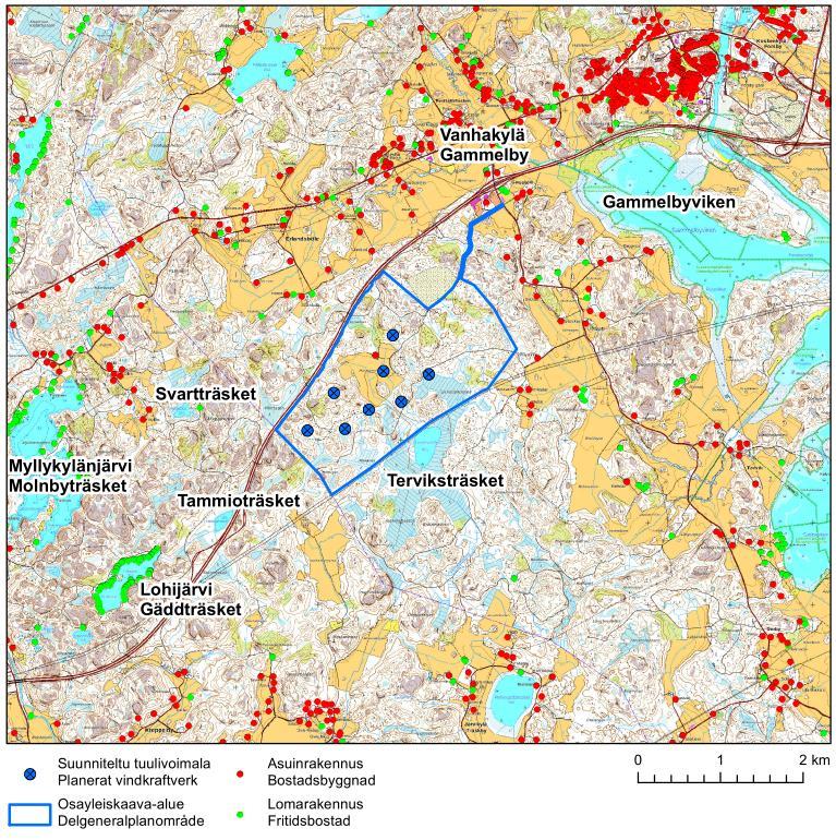 16 Figur 2-9. Bebyggelse på planeringsområdet och i dess omgivning. 2.4.2 Arbetsplatser och näringsverksamhet, service På planeringsområdet bedrivs jord- och skogsbruk.