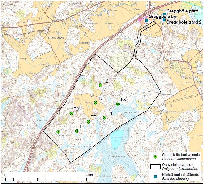 26 Figur 2-16. Kända fornlämningar i de planerade vindkraftverkens omgivning (Museiverket 2016). 2.6 Planeringssituation 2.6.1 Landskapsplan Landskapsplaner som är giltiga i Nyland är Nylands landskapsplan, 1:a, 2:a och 3:e etapplandskapsplanerna och Östra Nylands helhetslandskapsplan.