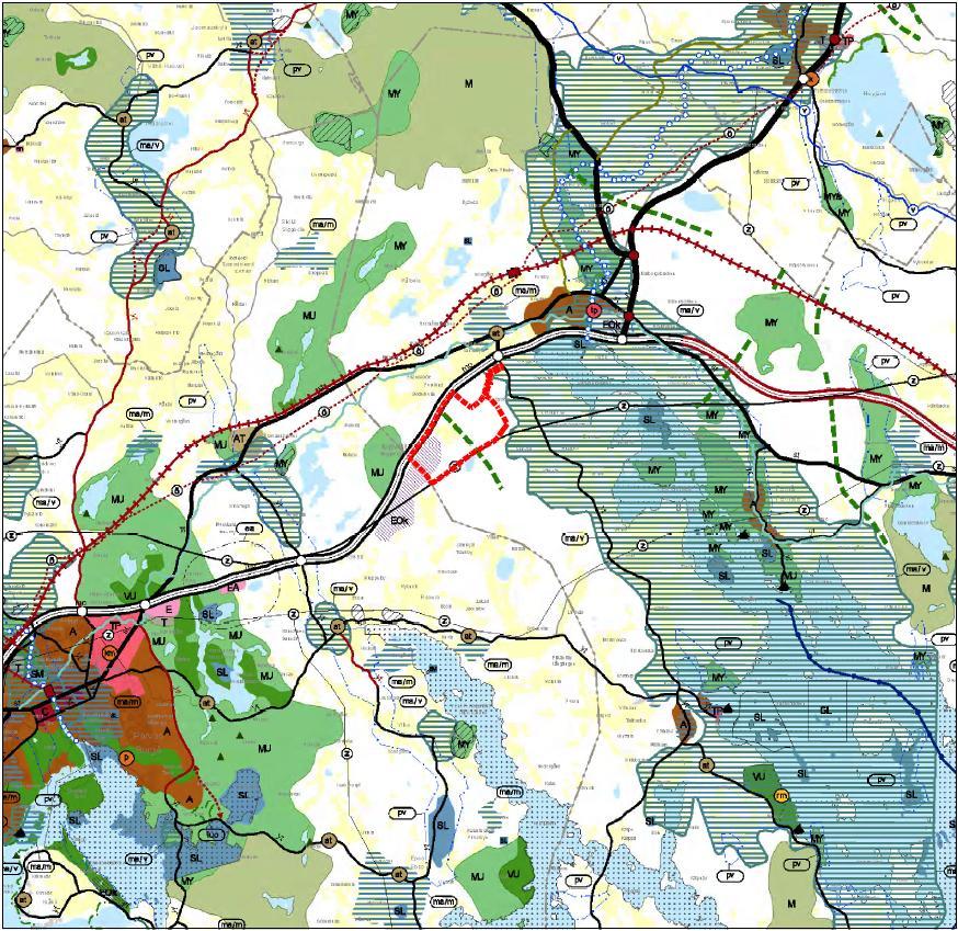 27 Figur 2-17. Utdrag ur Östra Nylands landskapsplan. Planeringsområdets läge anges med röd streckad linje.