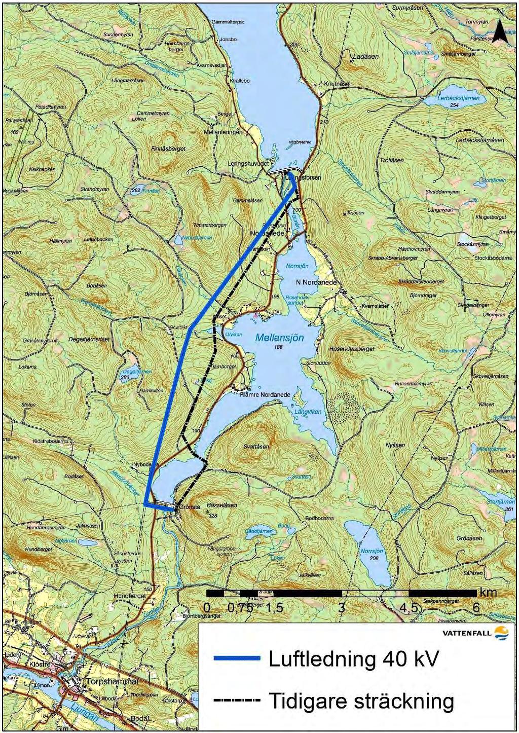 Figur 1 Ledningens lokalisering samt den tidigare sträckningen.