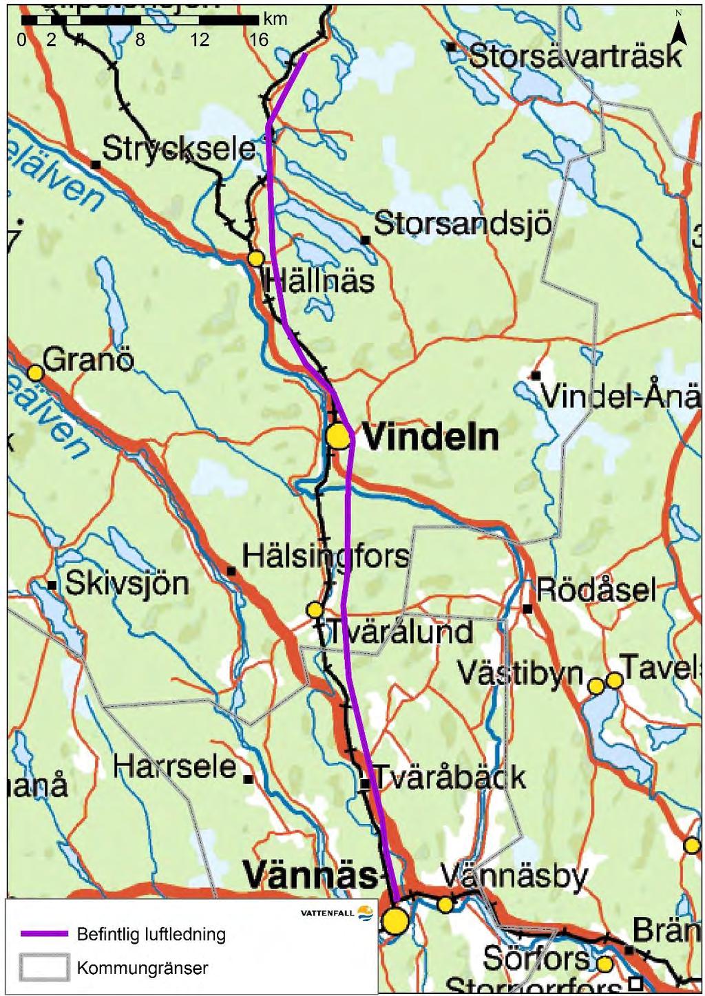 Figur 1 Översiktskarta över ledningens lokalisering Huvudalternativ, beskrivning och miljökonsekvenser Kommunala planer Luftledningen är lokaliserad i Vindelns (ca 4,2 mil i norra delen) och i Vännäs